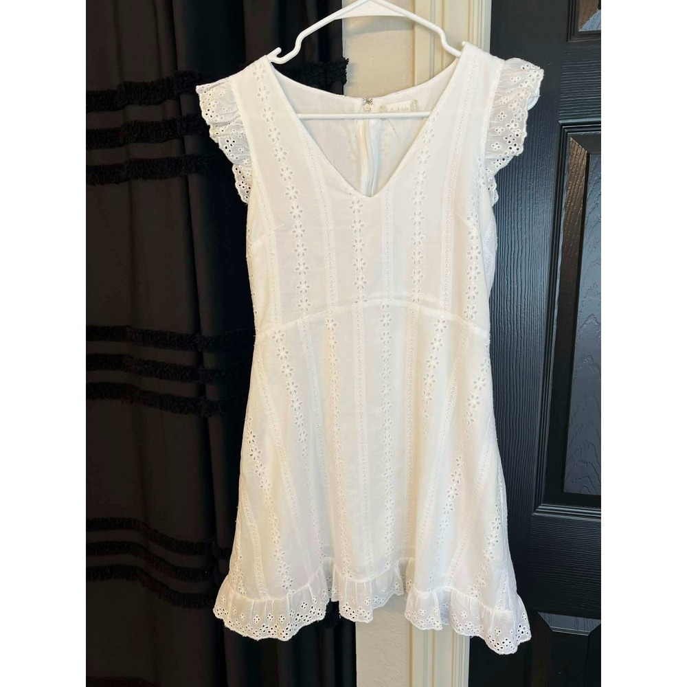 Altar'd State White Eyelet Mini Dress Flutter Sleeve Ruffle Hem V-Neck C31496A S